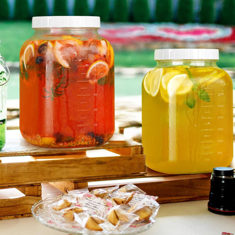 Folinstall 2 Pack Wide Mouth 1 Gallon Clear Glass Jar with Lid  Heavy Duty Airtight Screw Lid with Silicone Gasket - Large Mason Jar with 2 Scale Mark for Fermenting Kombucha and Storing Food(Extra 2 Gaskets) - Image 2
