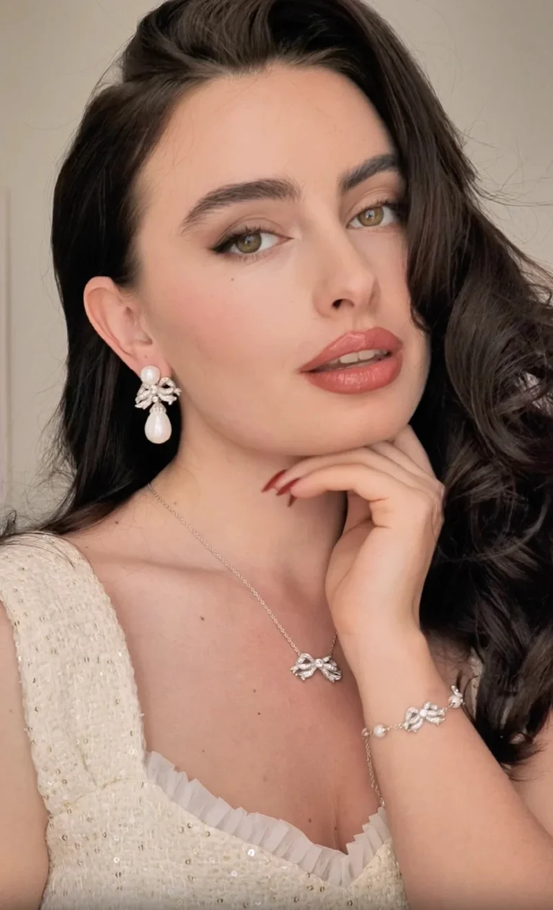 Antoinette' Bow and Pearl Drop Silver Earrings