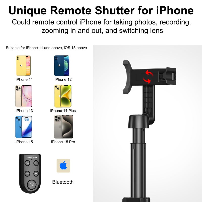 Newmowa Phone Remote Selfie Stick, Extendable Tripod with Rechargeable Detachable Remote for iPhone Video Photo Shooting/Zooming/Lens Switching, Compatible with iPhone 11 and Above(iOS 15 Above) - Image 2