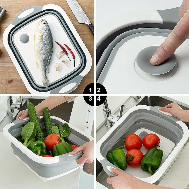 KREZON Collapsible Kitchen Cutting Chopping Board Dish Sink Tub Storage Basket with Draining Plug Folding Cutting Board Washing Bowl Fruit Vegetable Basket Vegetable Chopping Board - Image 4