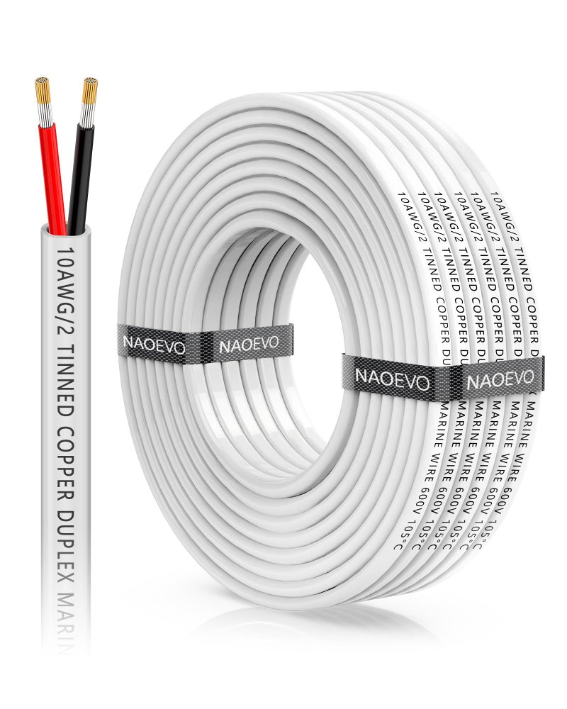 NAOEVO 10 Gauge Marine Wire Duplex, 10 AWG Stranded PVC Marine Electrical Wire, Waterproof/Corrosion Resistant/Tinned Copper Electrical Cable for Boat/Automotive/RV/Solar (30FT) - Image 1