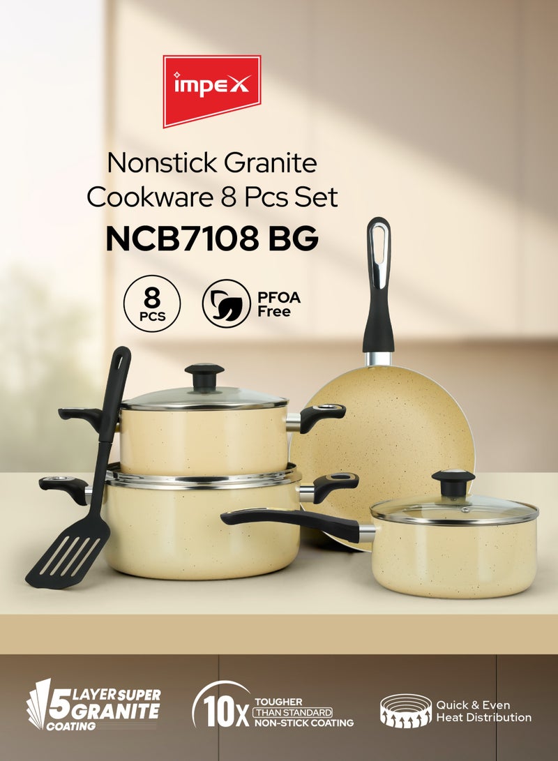 Impex 8 Pcs Nonstick Granite Coated Cookware Set with Lids – 5 Layer Super Granite Coating, Pure Virgin Aluminium, Heat Resistant Handles – Includes Casserole With Lid (24*11cm), Casserole With Lid (20*9.5cm), Casserole With Lid (18*8.5cm), Frypan (24*5cm), & Nylon Turner – Ivory Color, NCB 7108BG - Image 1