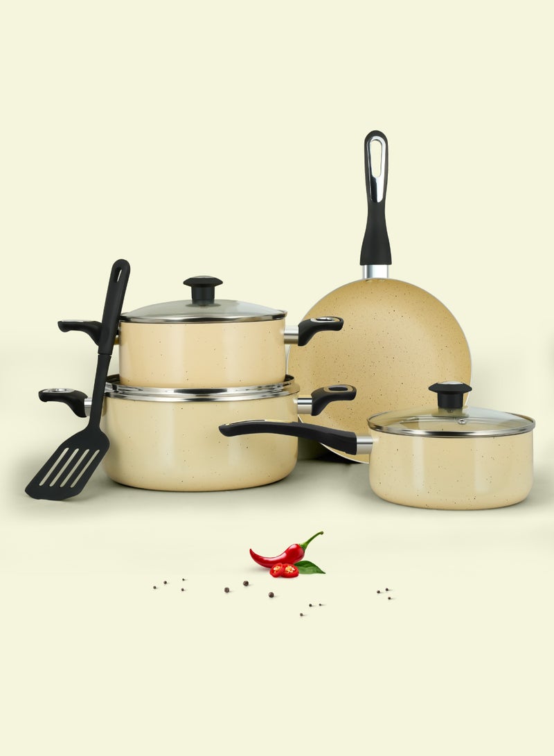 Impex 8 Pcs Nonstick Granite Coated Cookware Set with Lids – 5 Layer Super Granite Coating, Pure Virgin Aluminium, Heat Resistant Handles – Includes Casserole With Lid (24*11cm), Casserole With Lid (20*9.5cm), Casserole With Lid (18*8.5cm), Frypan (24*5cm), & Nylon Turner – Ivory Color, NCB 7108BG - Image 3