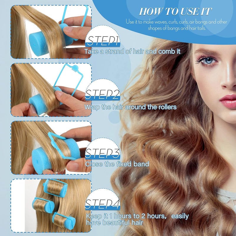 Geyoga 18 Pieces Blue Foam Hair Rollers Large Hair Curlers Sponge Rollers for Heatles to Sleep in a Curl for Women's Short and Long Hairs Styling (1.4 x 2.6 Inches) - Image 5