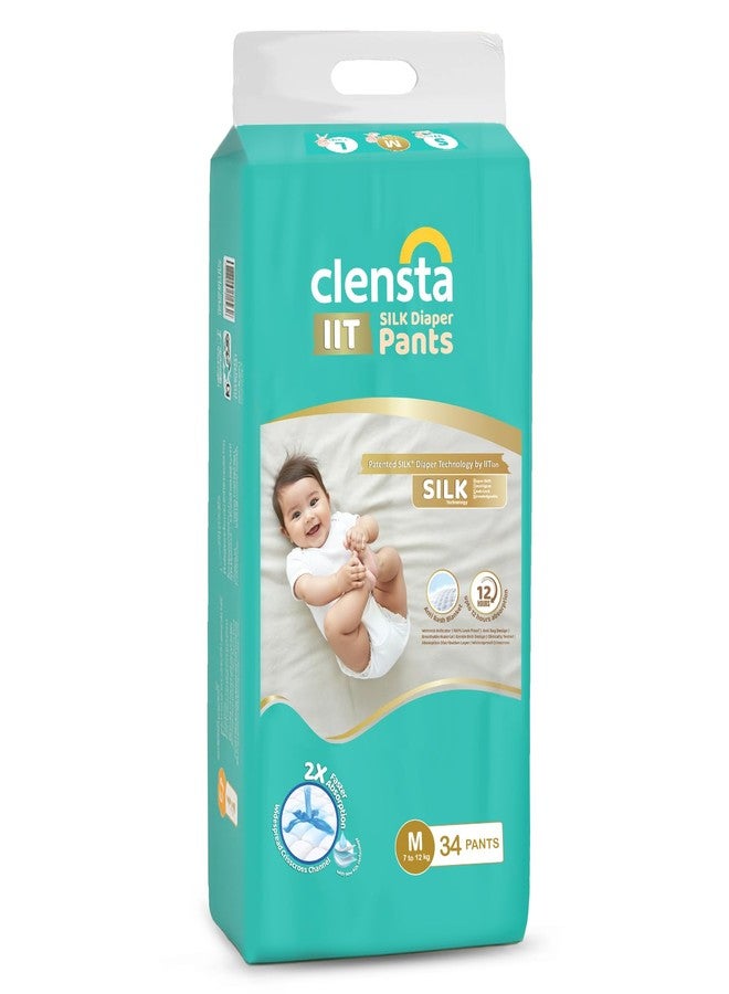 Clensta IIT SILK Baby Diaper Pants Medium (M) Size 34 Count For Babies of 7-12 Kgs with Anti-Rash Protection | Upto 12 Hrs Absorption | with New ADL Technology | with Wetness Indicator