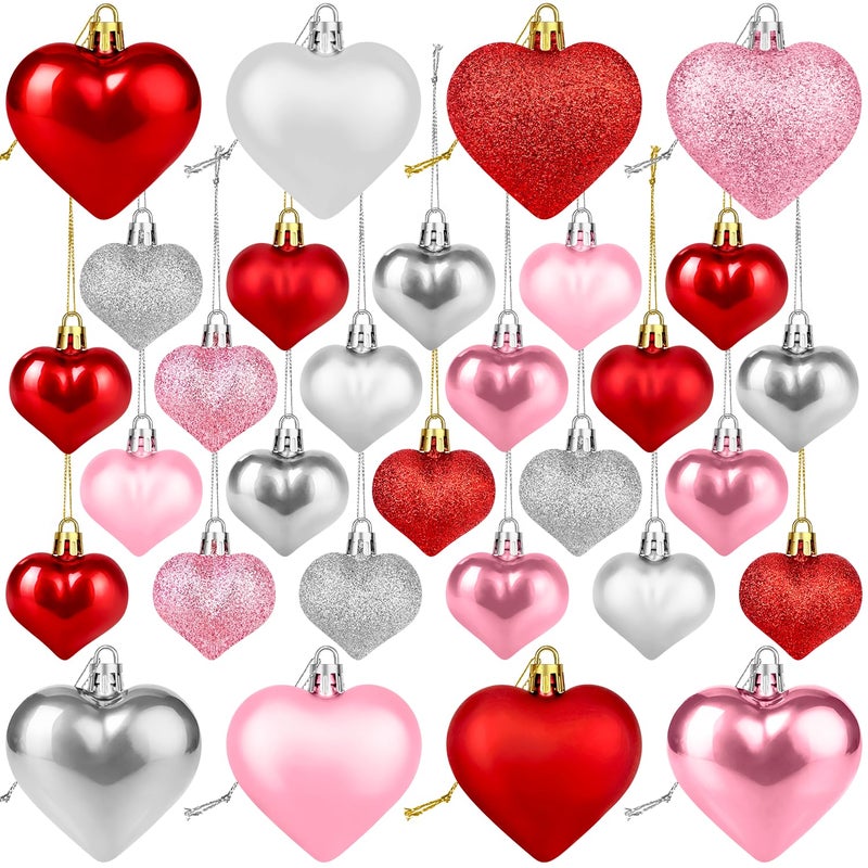 Leetous Valentines Day Heart Decorations for Tree 30 Pcs, Red Pink Silver Tree Hanging Ornaments for Wedding Anniversary Party, Valentine Romantic Heart Shaped Ornament Decor Gifts for Home Fireplace Door - Image 1