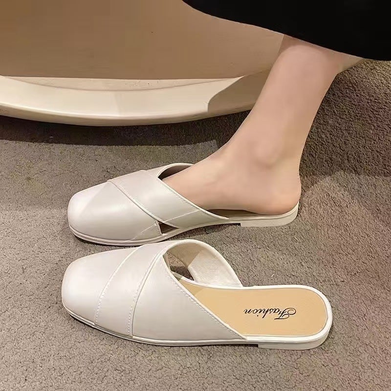 Baotou Non-Slip French Bottom Square Toe Soft Outer Womens Beach Slippers Cool Fashion Mule Lazy Thick Slippers for Home Baotou mop 111—off-white - Image 1