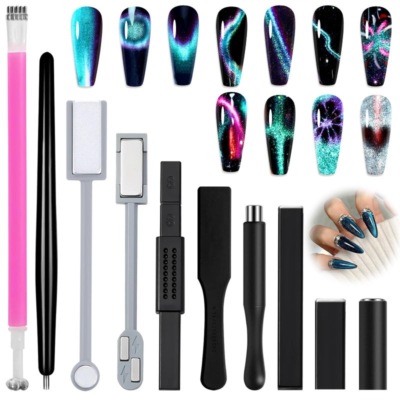 Allstarry Cat Eye Magnet for Nails, Double-head Strong Nail Magnet Stick Magnet for Nails Flower Design Cat Eye Magnet Pen Plate Wand Board Nail Magnets for Nail Art Cat Eye Gel Nail Polish - Image 1