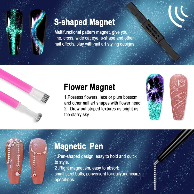 Allstarry Cat Eye Magnet for Nails, Double-head Strong Nail Magnet Stick Magnet for Nails Flower Design Cat Eye Magnet Pen Plate Wand Board Nail Magnets for Nail Art Cat Eye Gel Nail Polish - Image 3