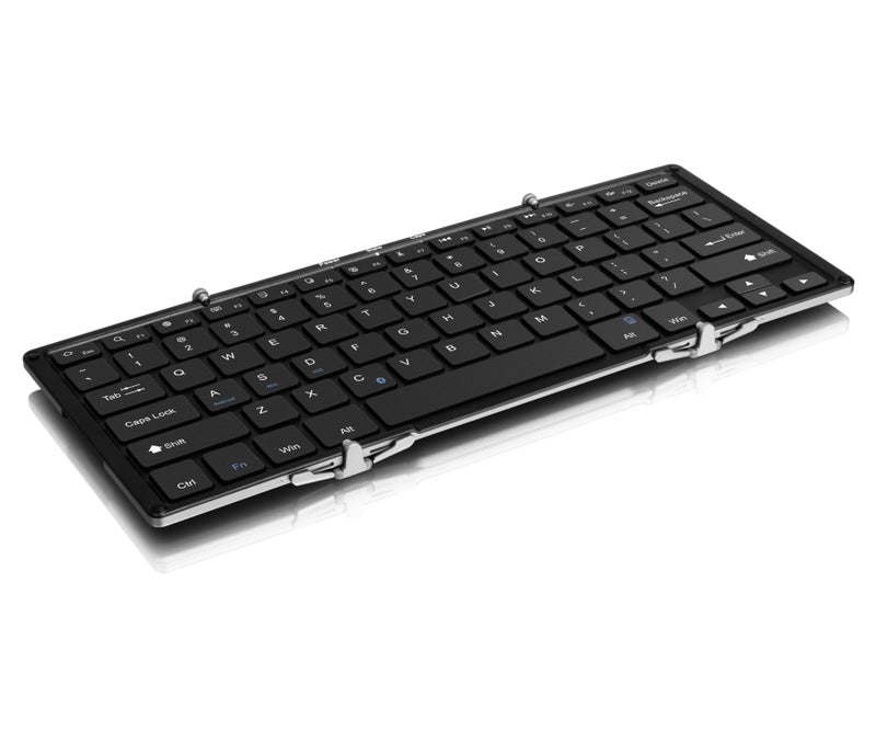 Aluratek Portable Aluminum TriFold Bluetooth Keyboard Standard FullSize with BuiltIn Rechargeable Battery for iPhone Smartphone iPad Tablet Mac PC ABLKO4F Black