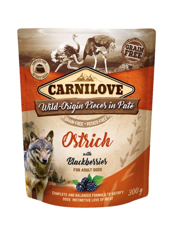 Carnilove Ostrich with Blackberries Wet Food for Adult Dogs – 12x300g Pouches, Grain-Free, High Meat Content