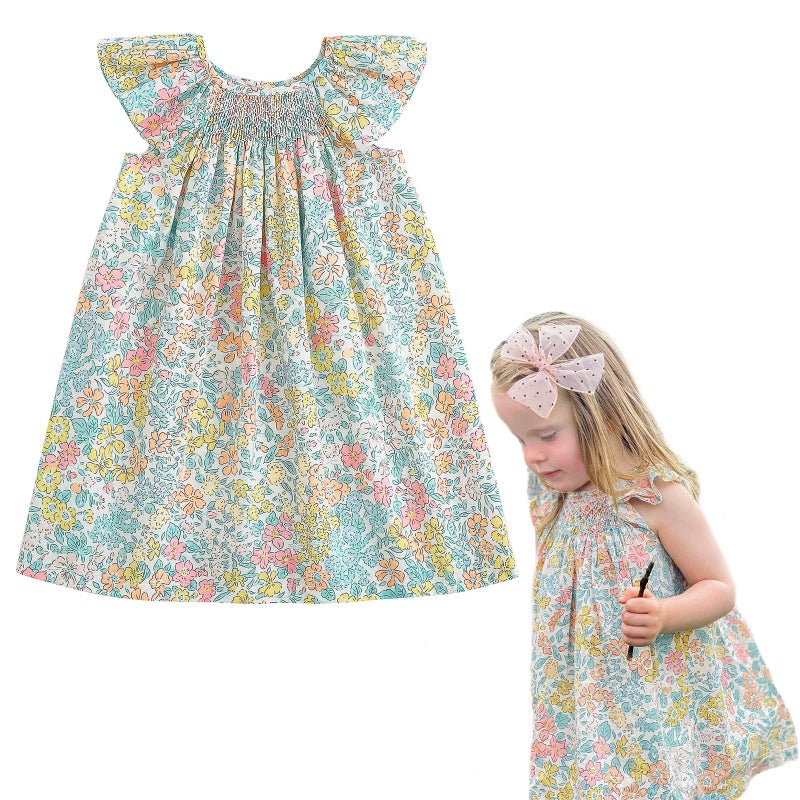 Simplee kids Baby Floral Dress Toddler Smocking Dress Little Girls Casual Dress Floral Print Sundress for Spring Summer 12M-6T - Image 1