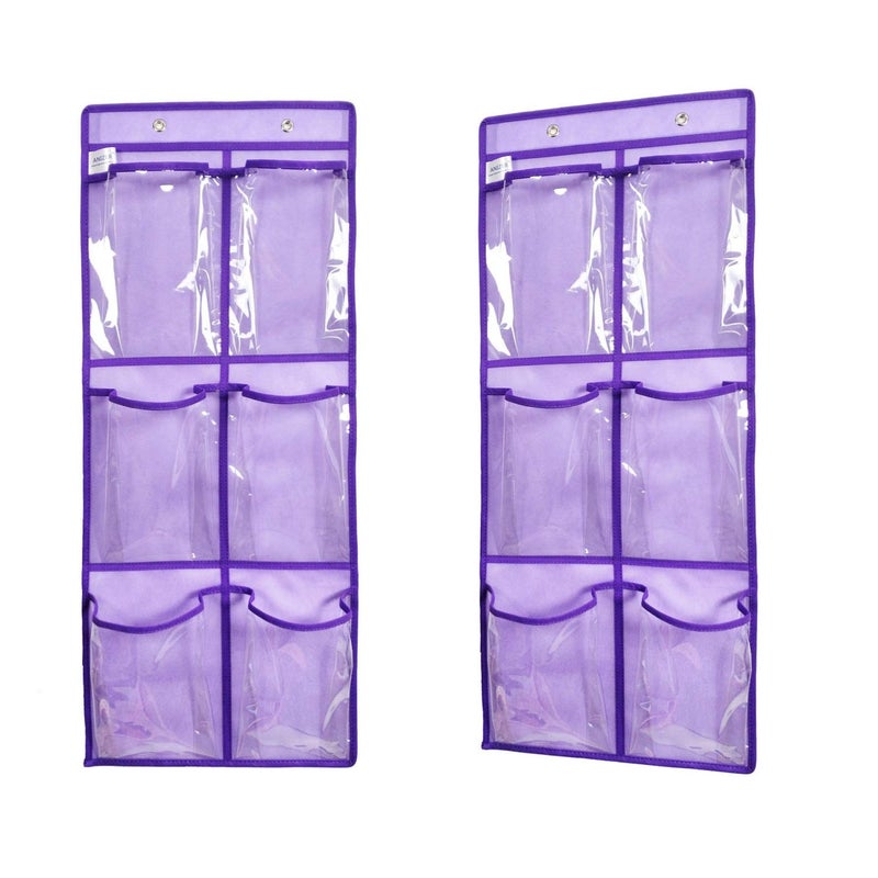 ANIZER Over The Door Hanging Shoe Organizer Narrow Closet Door Shoe Storage 6 Large Clear Pockets Chart 2 Pack PURPLE
