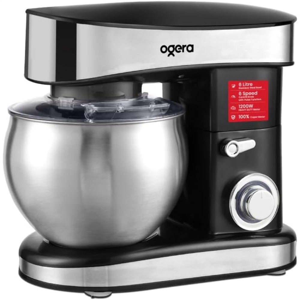 Stand Mixer, 6 Litre Stainless Steel Bowl, 1200W, 6 Speed with Pulse Function, Black and Silver, 100 Copper Motor, 2 Year warranty