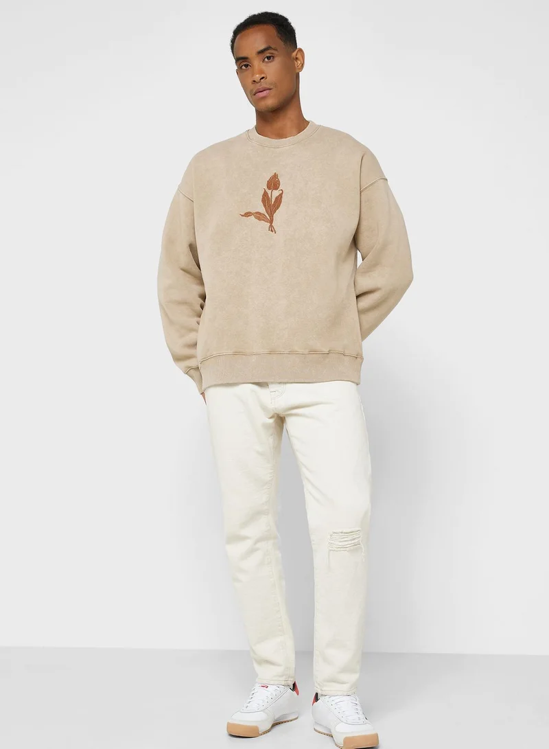 TOPMAN Oversized Tulip Embroidery Crew Neck Sweatshirt