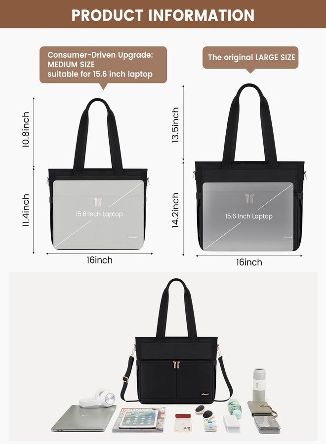 لوف فوك حقيبة عمل LOVEVOOK نسخة مطورة للنساء، حقيبة كمبيوتر محمول مقاس 15.6 بوصة، سعة كبيرة، جيوب متعددة، حقيبة مدرسية مقاومة للماء من القماش، حقيبة حمل، محفظة للمكتب والسفر والجامعة والممرضات والمعلمات، باللون الأسود - Image 3