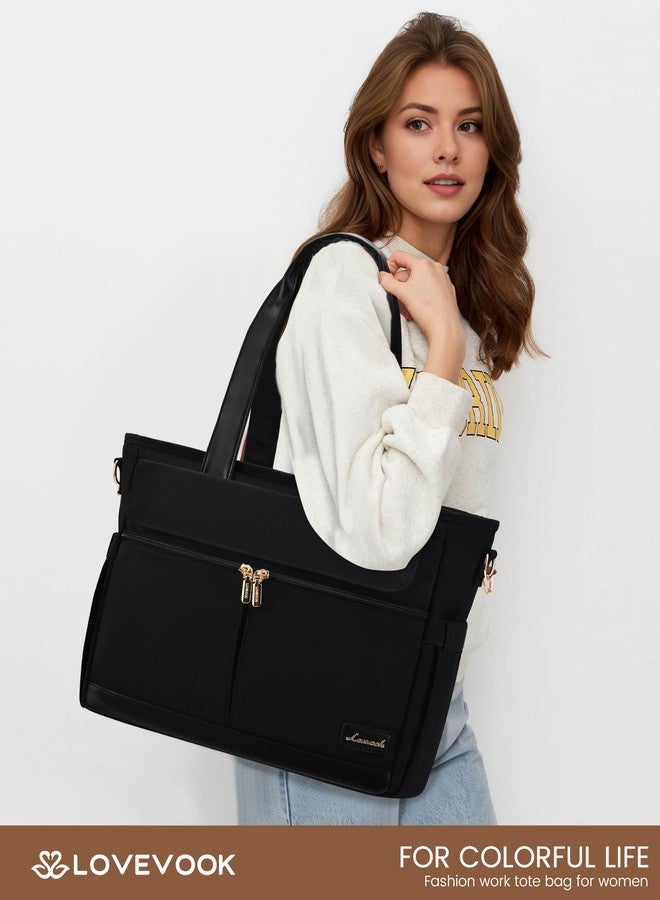 لوف فوك حقيبة عمل LOVEVOOK نسخة مطورة للنساء، حقيبة كمبيوتر محمول مقاس 15.6 بوصة، سعة كبيرة، جيوب متعددة، حقيبة مدرسية مقاومة للماء من القماش، حقيبة حمل، محفظة للمكتب والسفر والجامعة والممرضات والمعلمات، باللون الأسود - Image 2