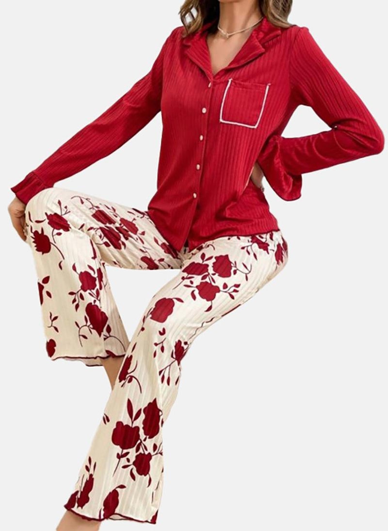 يونيكي Red Printed Pyjamas & Shirt - Image 2