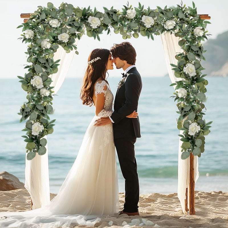 Grandeal 2 Pack 13Ft Artificial Spring Eucalyptus Flower Garland with White Roses, Fake Flower Greenery Floral Green Garland Vines for Wedding Arch Table Runner Backdrop Mantle Home Decorations (White) - Image 4