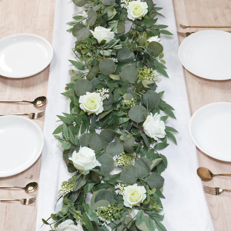Grandeal 2 Pack 13Ft Artificial Spring Eucalyptus Flower Garland with White Roses, Fake Flower Greenery Floral Green Garland Vines for Wedding Arch Table Runner Backdrop Mantle Home Decorations (White) - Image 2