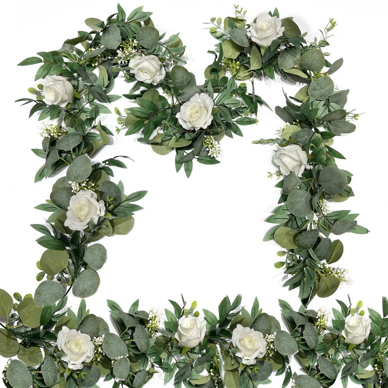 Grandeal 2 Pack 13Ft Artificial Spring Eucalyptus Flower Garland with White Roses, Fake Flower Greenery Floral Green Garland Vines for Wedding Arch Table Runner Backdrop Mantle Home Decorations (White) - Image 1