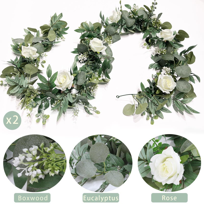 Grandeal 2 Pack 13Ft Artificial Spring Eucalyptus Flower Garland with White Roses, Fake Flower Greenery Floral Green Garland Vines for Wedding Arch Table Runner Backdrop Mantle Home Decorations (White) - Image 5