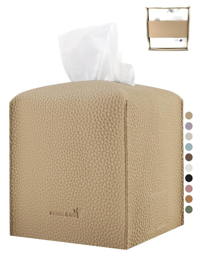 PENGLONG Tissue Box Cover 5X5X5'' PU Leather Tissue Holder Square Tissue Cube Box Organizer for Bathroom Vanity Countertop, Car, Night Stands, Office, Home, Kitchen (1Pack, Wood Apricot) - Image 1