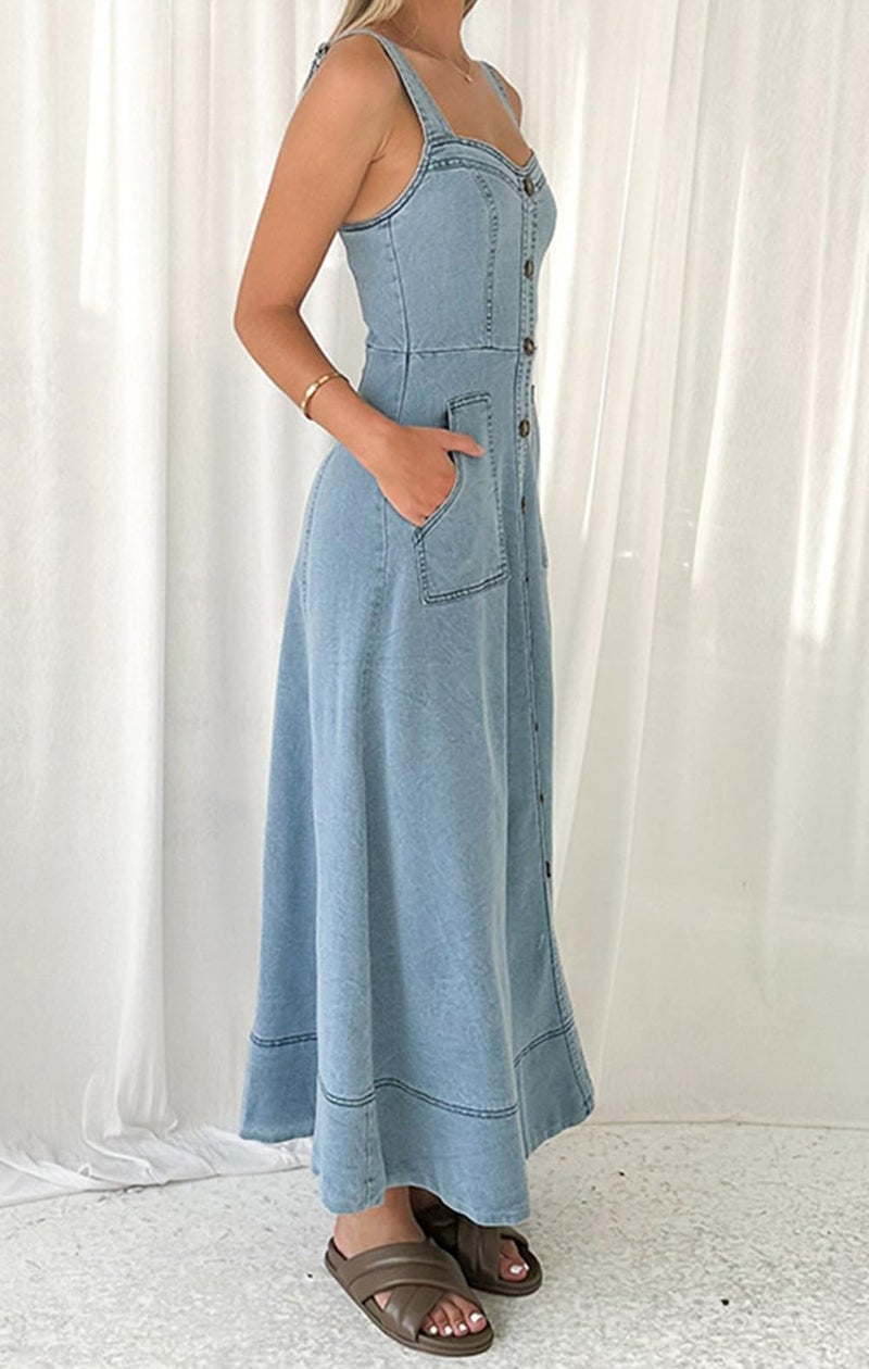 loveimgs Women's Summer Adjustable Strap Sleeveless Midi Denim Dress Button Down A-Line Swing Flowy Jean Dress (Large,Light Blue) - Image 2