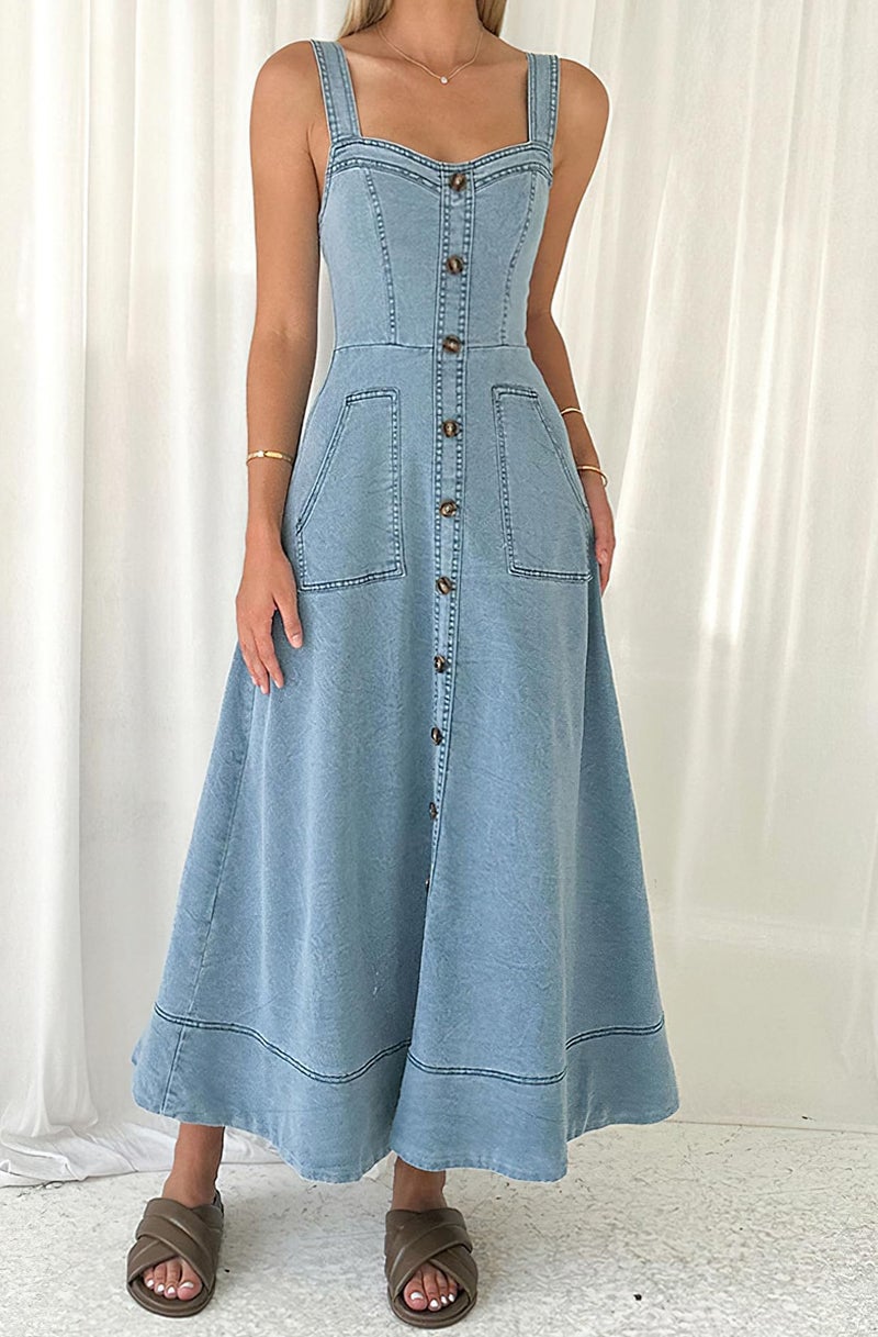 loveimgs Women's Summer Adjustable Strap Sleeveless Midi Denim Dress Button Down A-Line Swing Flowy Jean Dress (Large,Light Blue) - Image 4