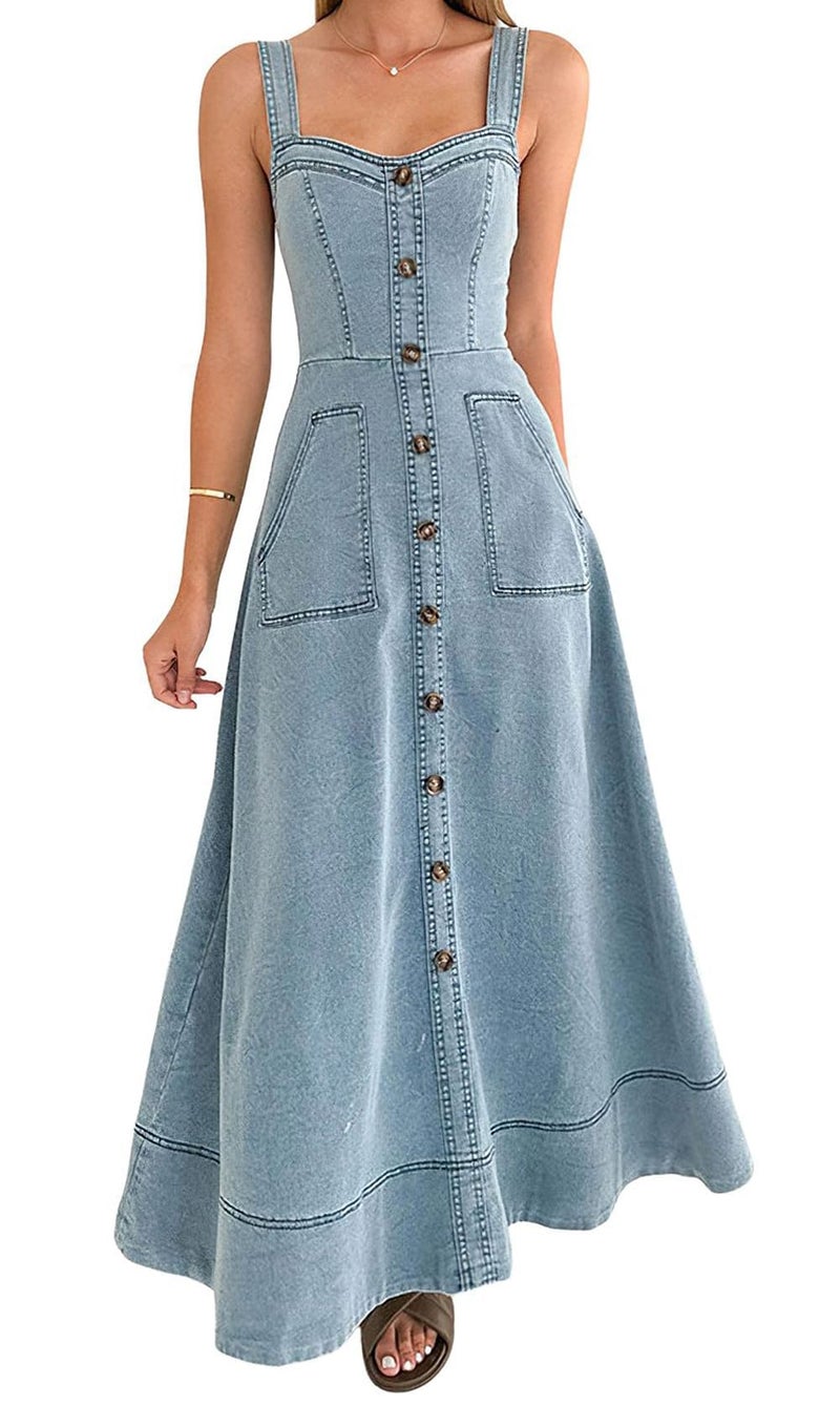 loveimgs Women's Summer Adjustable Strap Sleeveless Midi Denim Dress Button Down A-Line Swing Flowy Jean Dress (Large,Light Blue) - Image 1