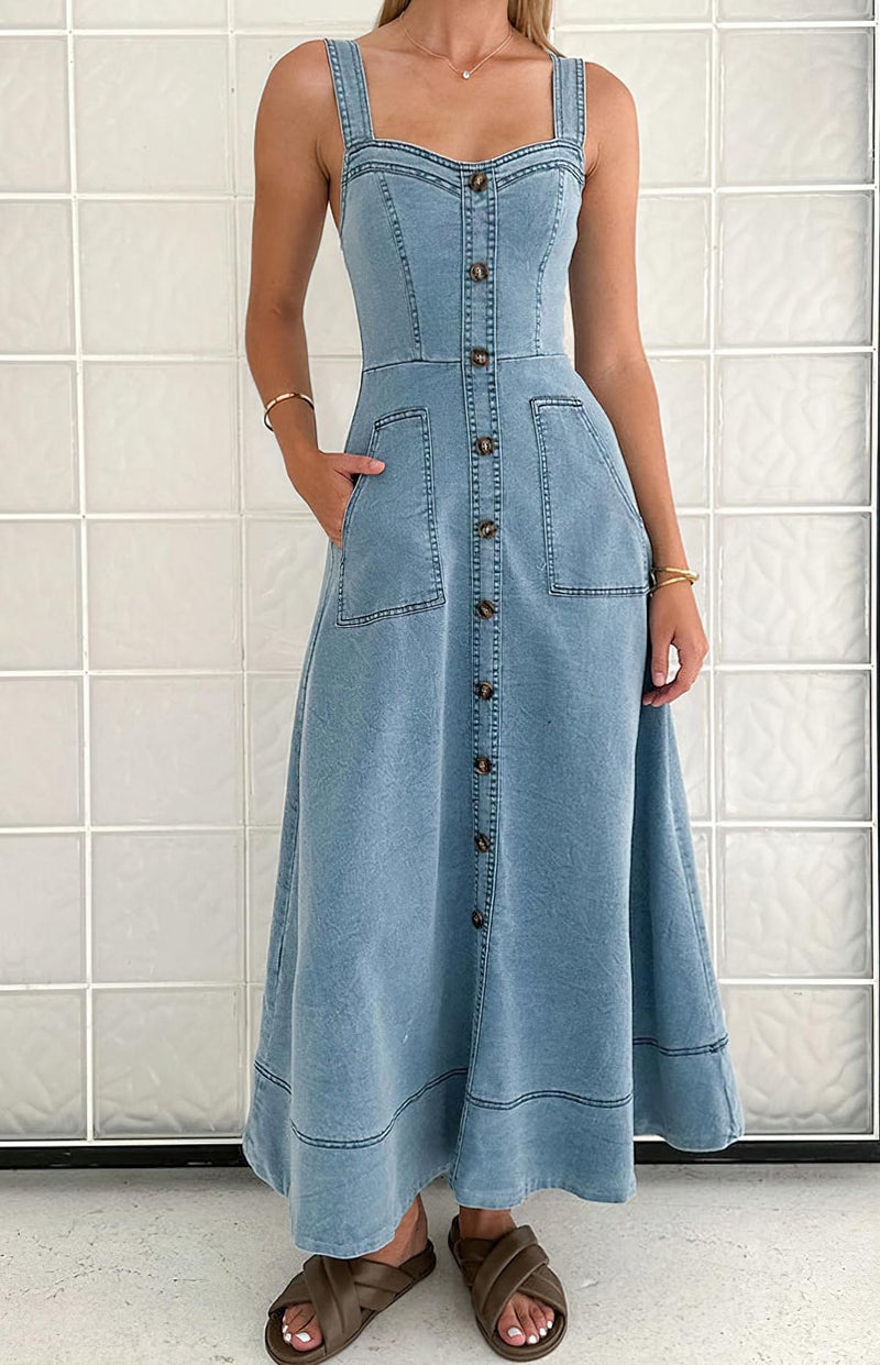 loveimgs Women's Summer Adjustable Strap Sleeveless Midi Denim Dress Button Down A-Line Swing Flowy Jean Dress (Large,Light Blue) - Image 5