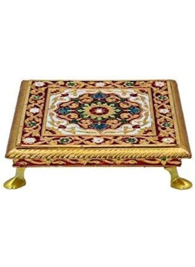 QUESERA Rajasthani HAAT and Craft Golden MEENAKARI Wooden Pooja BAJOT CHOWKI with Metal Legs  - Image 1
