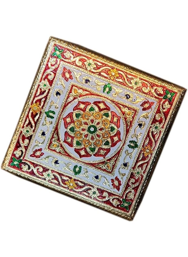 QUESERA Rajasthani HAAT and Craft Golden MEENAKARI Wooden Pooja BAJOT CHOWKI with Metal Legs  - Image 2