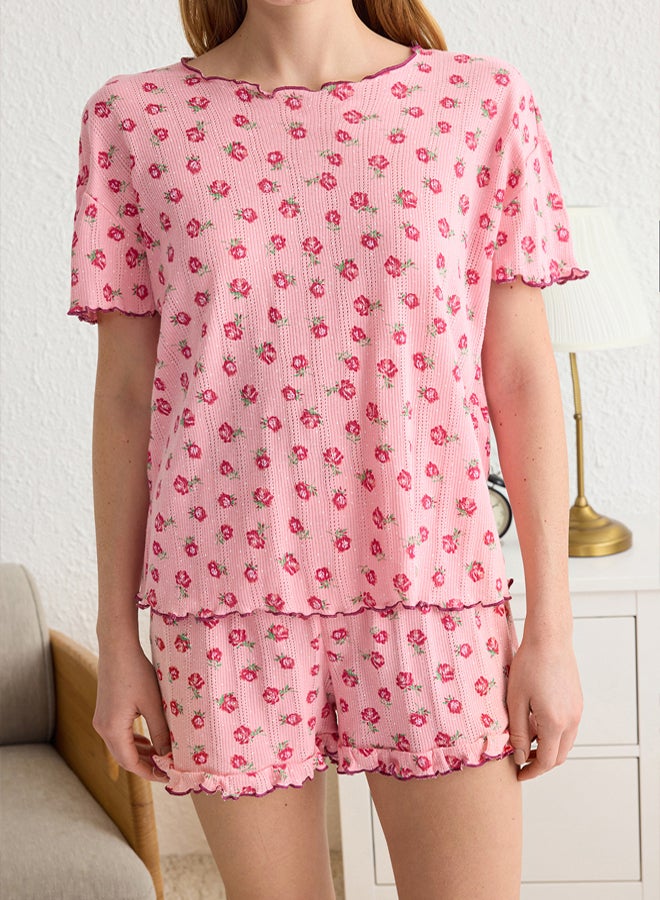 trendyol Pink Floral Ruffle Pointel Openwork/Hole Knitted Pajama Set with Shorts  - Image 4