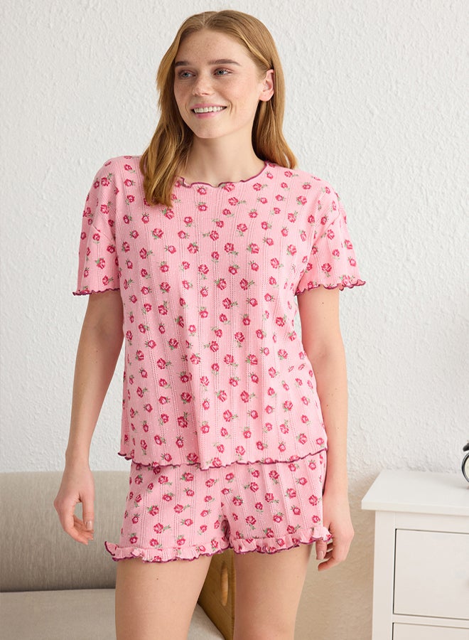trendyol Pink Floral Ruffle Pointel Openwork/Hole Knitted Pajama Set with Shorts  - Image 2