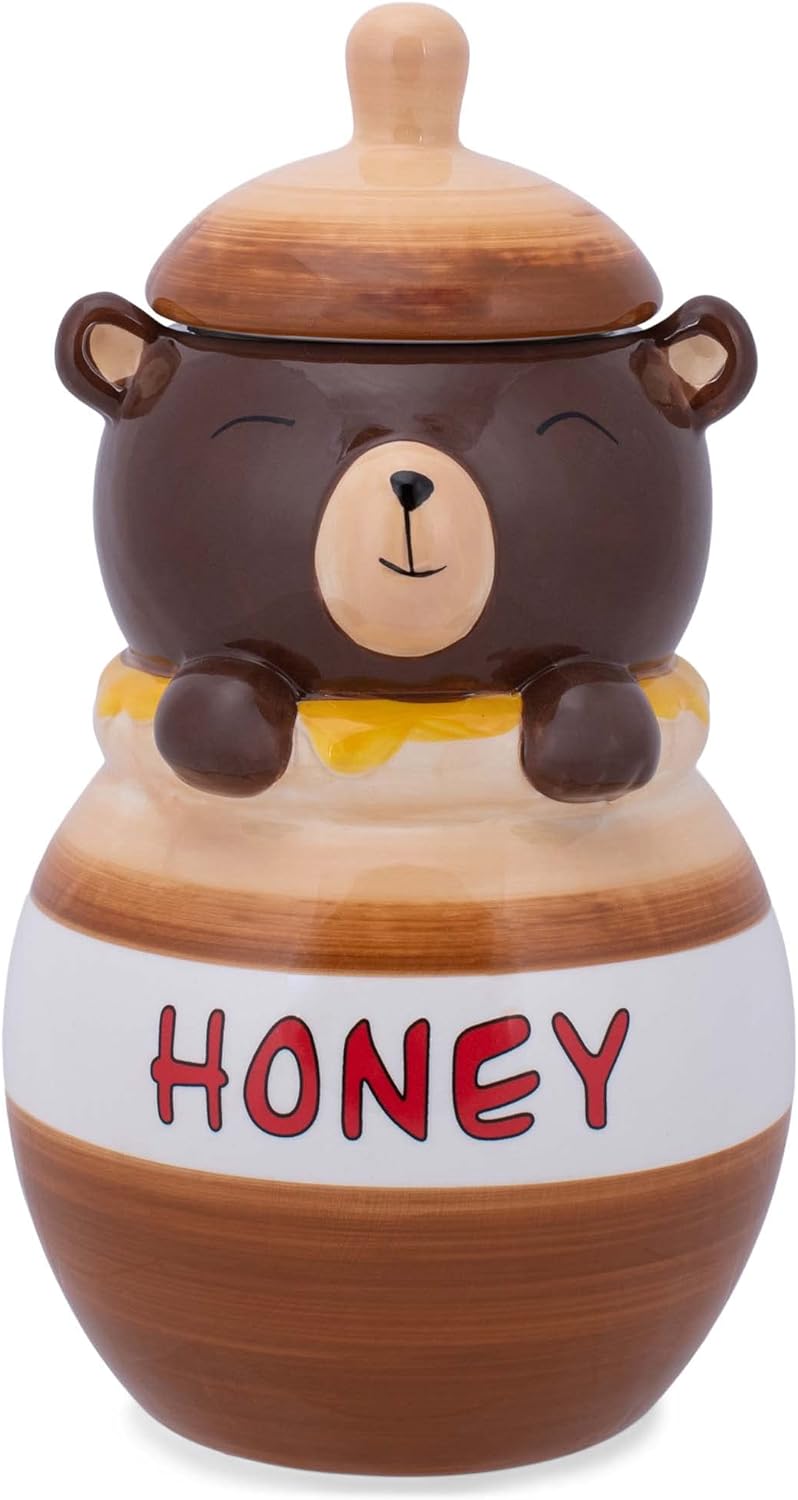 100 North Dolomite Ceramic 11.1 x 6.3 Everyday Cookie & Candy Jar with Airtight Lid: Perfect for Kitchen Canisters, Pet Treat Containers & Decorative Storage, Smiling Brown Bear in Honey Jar - Image 1