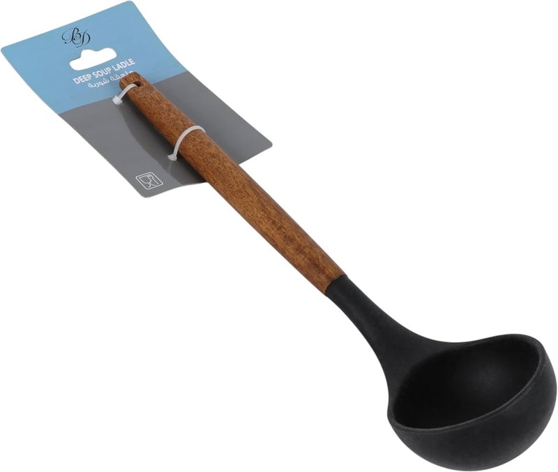 B&D Deep Soup Ladle with Wooden Handle - Black Bowl Kitchen Utensil - Image 2
