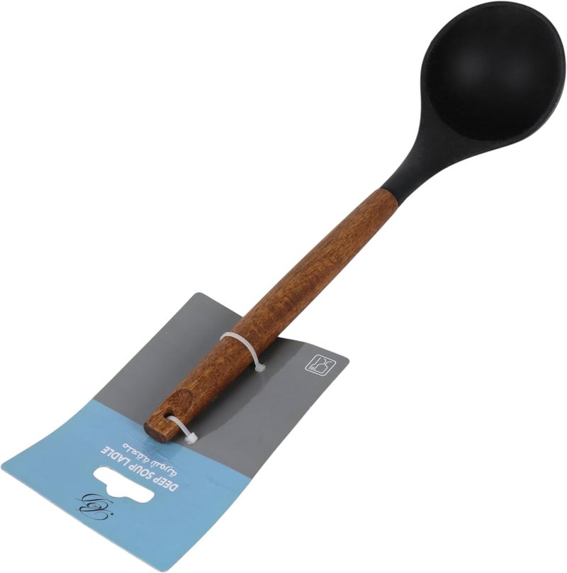 B&D Deep Soup Ladle with Wooden Handle - Black Bowl Kitchen Utensil - Image 4