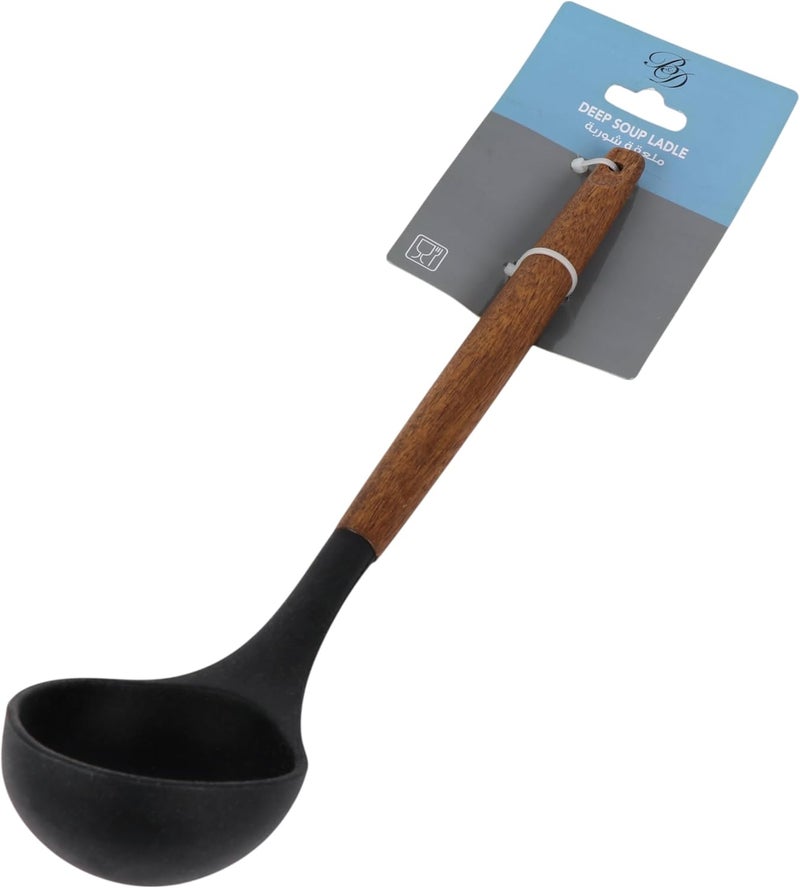 B&D Deep Soup Ladle with Wooden Handle - Black Bowl Kitchen Utensil - Image 1