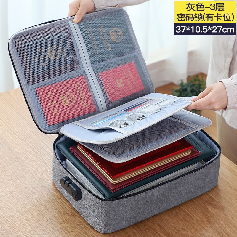 Generic Multi-Functional Office Document Bag with Large Capacity Gray three-layer combination lock