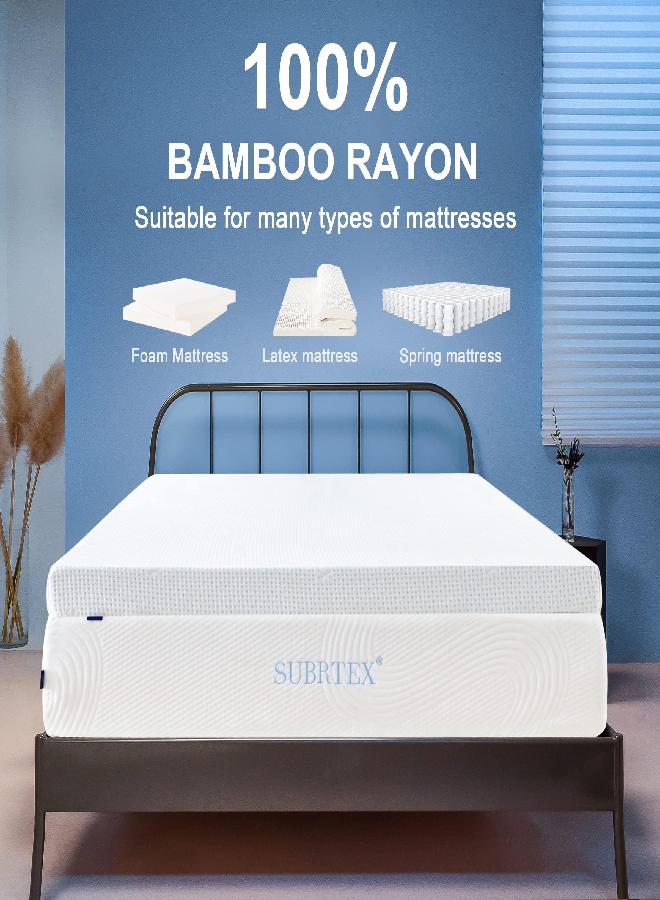 subrtex 3 Inch Mattress Topper Cover (Only Cover) Mattress Protector Bedding Bamboo Rayon Removable Mattress Encasement for Latex Cool Mattress Cover with Zipper with Adjustable Straps (Full,White) - Image 2