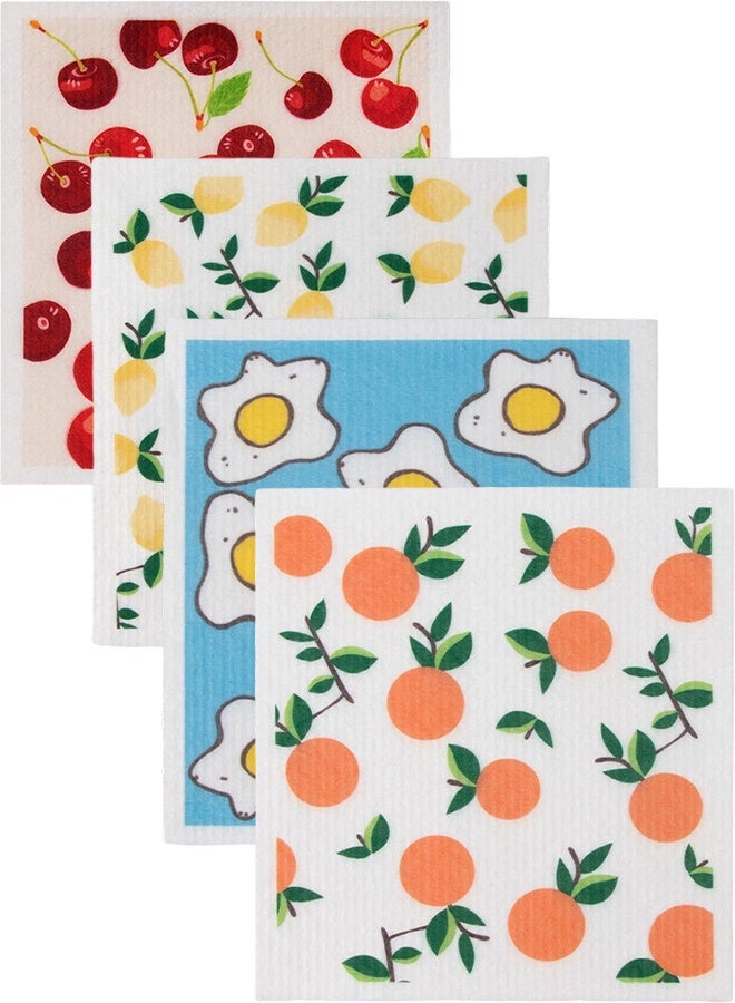 4-Pack Reusable Kitchen Dishcloths, Eco-Friendly Cleaning Sponges with Fruit & Egg Prints, 7.87x6.88 Inch - Image 1