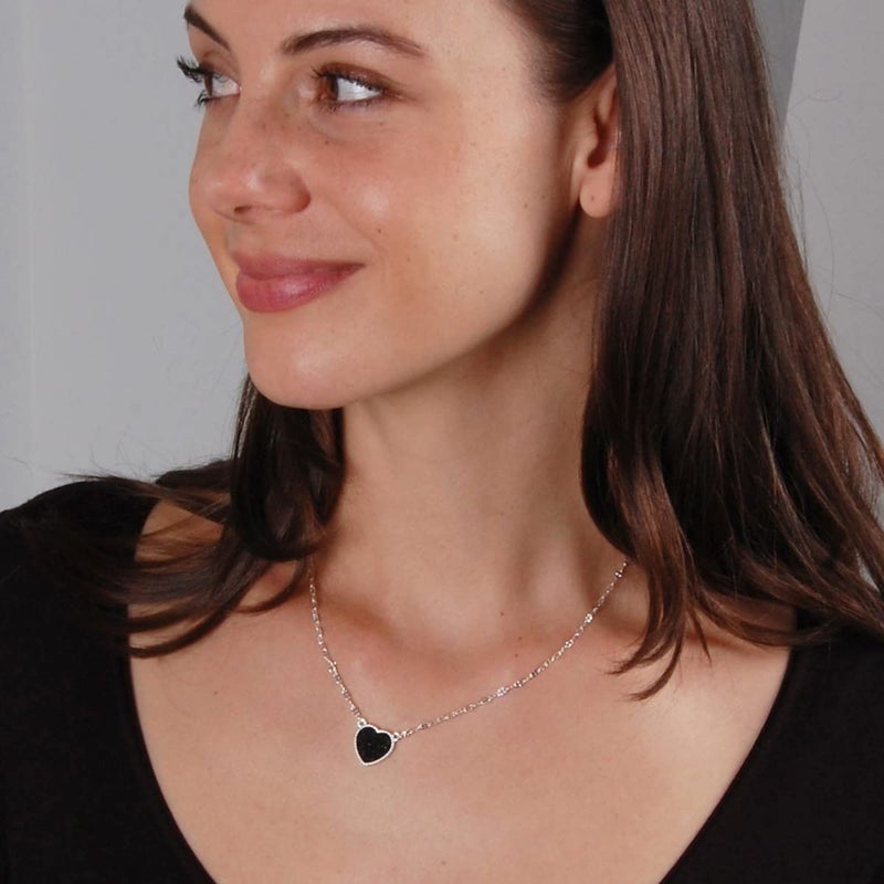 Humble Chic NY Black Heart Necklace, Silver Tone - Women's Preppy Black Necklace, Simulated Druzy Chain, Black Pendant - Image 2