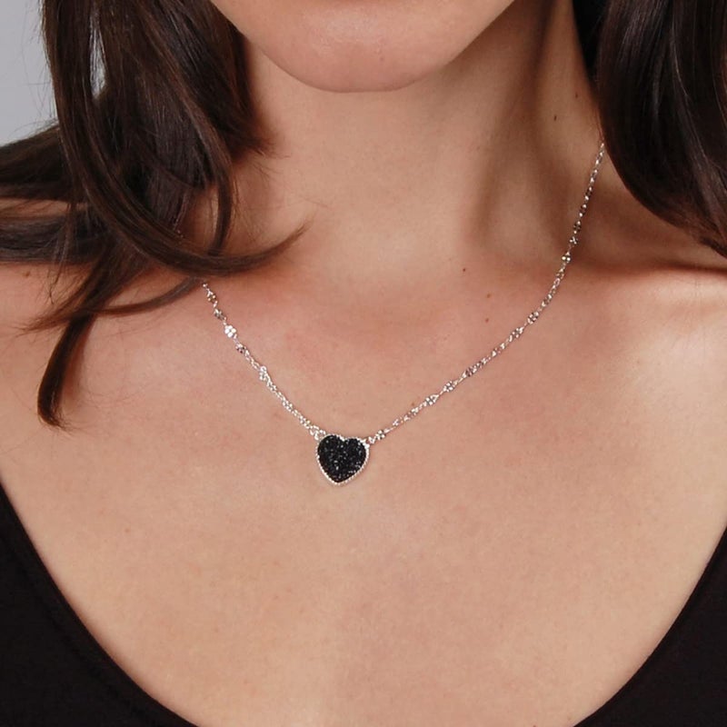 Humble Chic NY Black Heart Necklace, Silver Tone - Women's Preppy Black Necklace, Simulated Druzy Chain, Black Pendant - Image 5