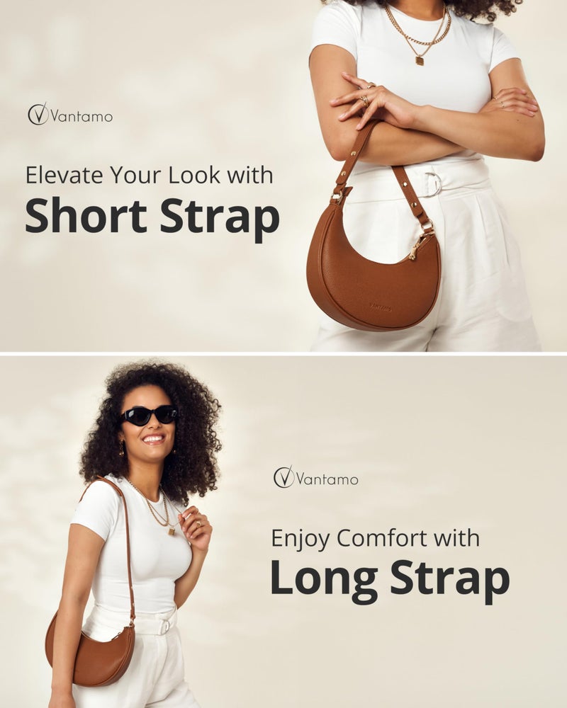 Vantamo Crescent Bags For Women with RFID Protection, Half Moon Clutch Purses for Women with Anti-Theft Clip for Extra Safety, Premium Smooth PU Leather Handbags for Work & Going Out, Sienna Tan Purse - Image 3