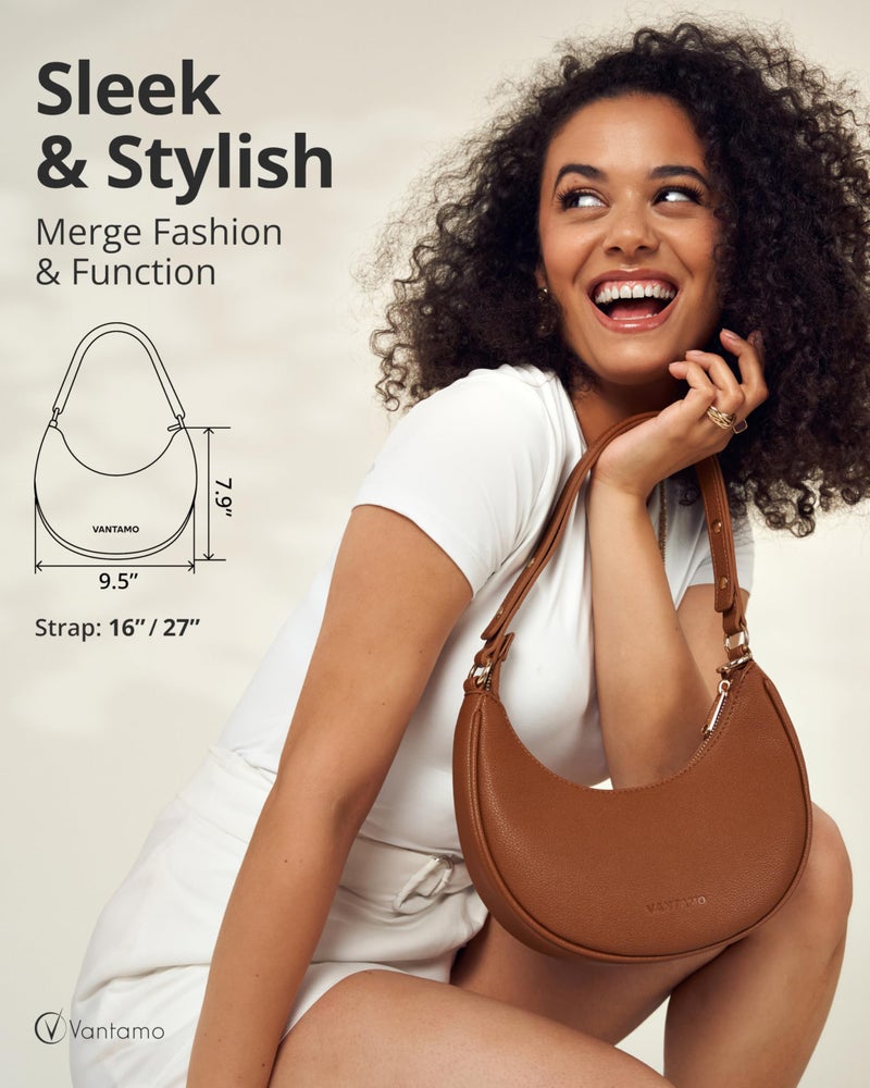 Vantamo Crescent Bags For Women with RFID Protection, Half Moon Clutch Purses for Women with Anti-Theft Clip for Extra Safety, Premium Smooth PU Leather Handbags for Work & Going Out, Sienna Tan Purse - Image 2