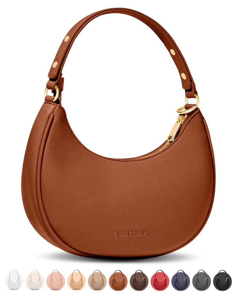 Vantamo Crescent Bags For Women with RFID Protection, Half Moon Clutch Purses for Women with Anti-Theft Clip for Extra Safety, Premium Smooth PU Leather Handbags for Work & Going Out, Sienna Tan Purse - Image 1