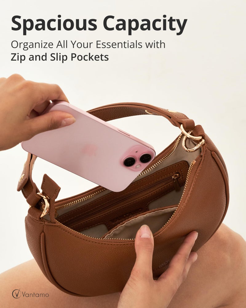 Vantamo Crescent Bags For Women with RFID Protection, Half Moon Clutch Purses for Women with Anti-Theft Clip for Extra Safety, Premium Smooth PU Leather Handbags for Work & Going Out, Sienna Tan Purse - Image 4