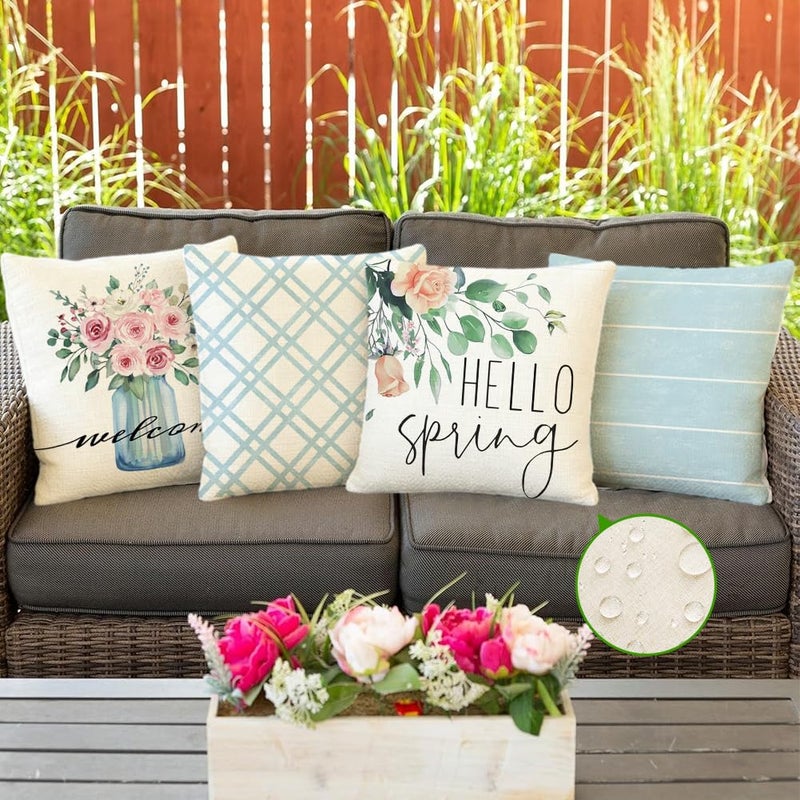 RABUSOFA Spring Summer Pillow Covers 18x18 Inch Set of 4 Waterproof Outdoor Spring Summer Decorations for Home,Blue Farmhouse Decor Throw Decorative Pillows for Couch Patio - Image 2