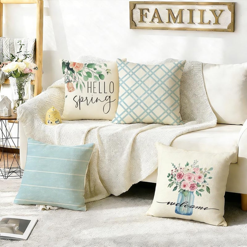 RABUSOFA Spring Summer Pillow Covers 18x18 Inch Set of 4 Waterproof Outdoor Spring Summer Decorations for Home,Blue Farmhouse Decor Throw Decorative Pillows for Couch Patio - Image 5
